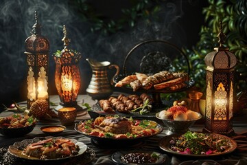 Eid alFitr, the festival of breaking the fast, composition with traditional dishes and lanterns on table, realistic photo shoot