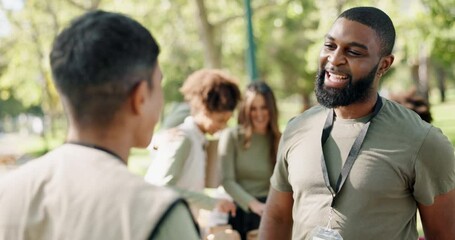 Park, volunteering or happy people hug for support, community project or donation for nature sustainability. Humanitarian, handshake and proud friends celebrate with smile, charity service or NGO - Powered by Adobe