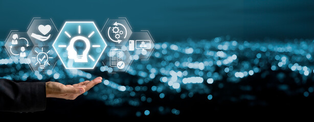 Design thinking concept, Businesswoman hand holding inspiration, empathy, ideation, implementation, prototyping and testing icon on virtual screen.