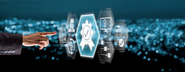 SOP, standard operating procedure concept, Businesswoman hand touching standard, operating and...