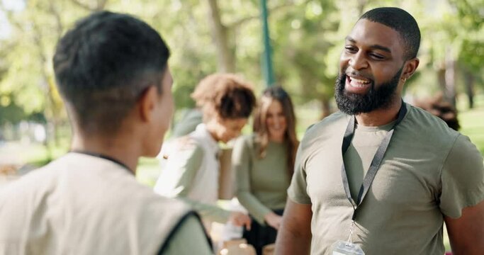 Park, volunteering or happy people hug for support, community project or donation for nature sustainability. Humanitarian, handshake and proud friends celebrate with smile, charity service or NGO