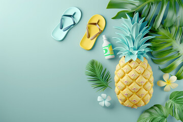 Summer Beach Holiday Concept, Pineapple Figure With Sunscreen And Flip-Flops, Top View, Copy Space