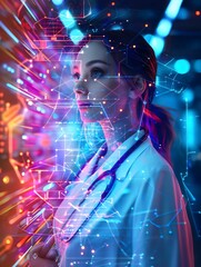 Doctor woman using 3D Al with neon light color around her, A doctor woman using 3D artificial intelligence, a blue light in the back, 4k, Generated Al