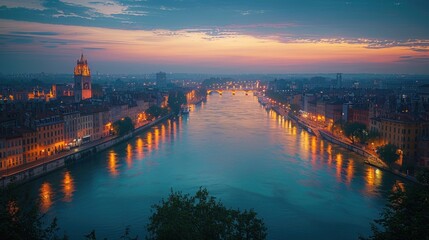 Naklejka premium Aerial image of the beautiful cityscape of Lyon at night