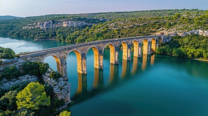 Naklejka premium Aerial shot of the Pont du Gard Roman aqueduct