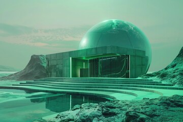 Futuristic planetarium building with a dome, 3D rendering illustration of a science and technology space center exterior design in a green color palette