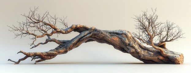 A large, curved piece of driftwood with intricate details and a unique shape