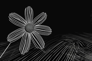 A black and white drawing of a flower with a stem