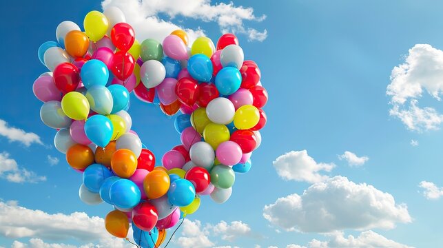 A heart created from an arrangement of colorful balloons floating in the sky, representing joy, celebration, and the uplifting nature of love against