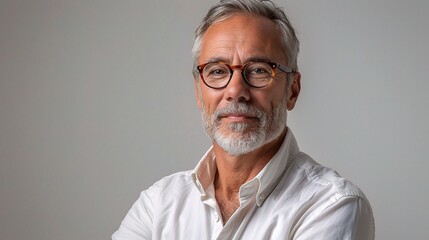 Fototapeta premium mature man radiating confidence and satisfaction in his career within a startup company focused on information and technology.