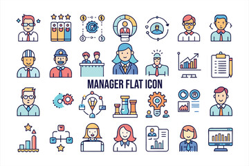 Obraz premium manager flat icon set. Solid icon collection, Editable stroke. Vector illustration.