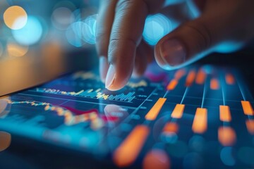 Fototapeta premium Close up hand of a businessman using a smartphone to check stock market data on a mobile app screen, a financial business concept