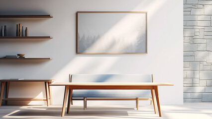 Simple and stylish minimalist living room, plants, sofa, cushions, art frames, mock-up, copy space 
