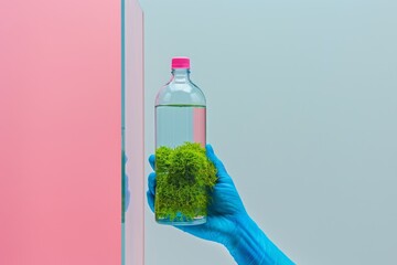 Blue hand holding a bottle of water with green moss. A glass wall separates the image into two parts with a white background and pink colored line