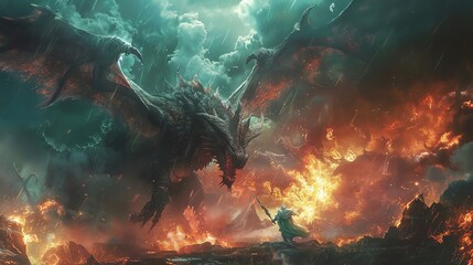 A fantasy battle scene between knights and dragons, with intense action and vibrant energy blasts