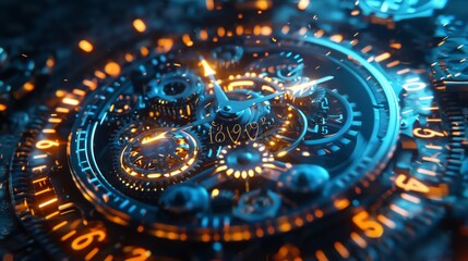 A looping animation of a digital clock with moving gears and glowing numerals, intricate and precise