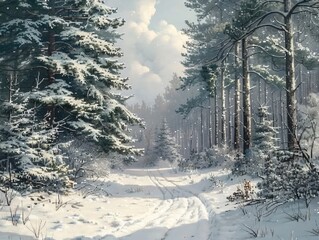 A peaceful snow-covered forest, with tall evergreens and a clear path winding through the landscape