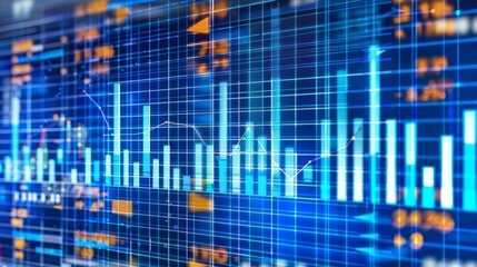 Obraz premium Abstract data visualization of an office server room with digital charts and graphs on the screen, representing business technology and financial equipment.