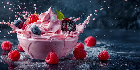 Topping fruit berry raspberry strawberry blackberry splashing dropping into Soft serve gelato yogurt