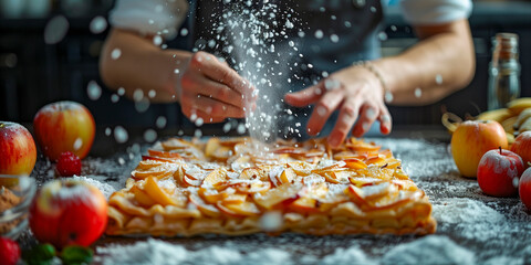 Chef hand preparing a crispy apple fruit tart strudel pastry dessert