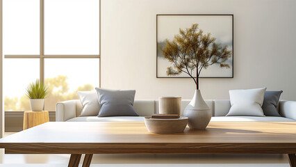 Simple and stylish minimalist living room, plants, sofa, cushions, art frames, mock-up, copy space 