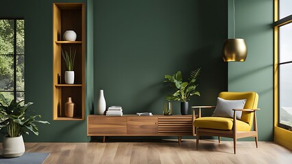 Modern wooden living room with yellow armchair against dark green wall - 3D rendering
