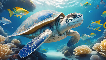 Beautiful sea turtle and fishes swims in deep blue sea with coral reef background, AI generative