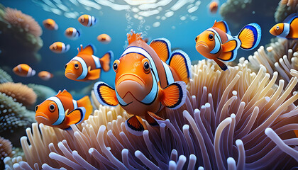 Cute clownfish joys in anemone flowers in deep blue sea , AI generative
