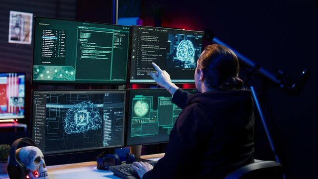 Rogue IT engineer uses AI deep learning to develop zero day exploit undetectable by antivirus. Hacker uses artificial intelligence computerized model to build script doing data mining, camera B