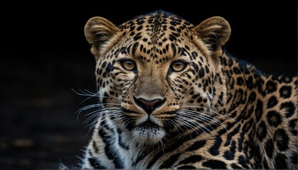 Naklejka premium leopard close up portrait on plain black background from Generative AI