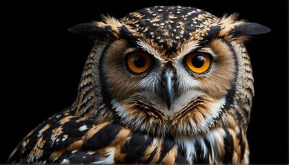 Fototapeta premium owl close up portrait on plain black background from Generative AI
