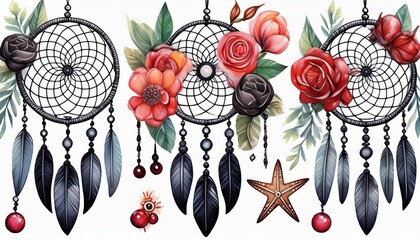 Dream catchers set with feathers, sea shell and sea star, crystals, beads and rose hip, dog rose flowers and branches. Watercolor hand drawn illustration isolated on white background.