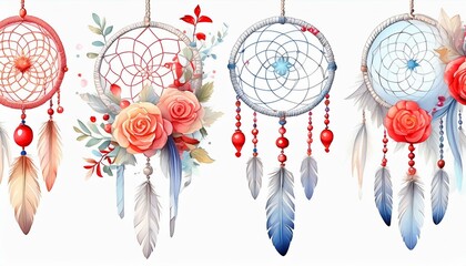 Dream catchers set with feathers, sea shell and sea star, crystals, beads and rose hip, dog rose flowers and branches. Watercolor hand drawn illustration isolated on white background.