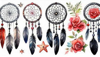 Dream catchers set with feathers, sea shell and sea star, crystals, beads and rose hip, dog rose flowers and branches. Watercolor hand drawn illustration isolated on white background.