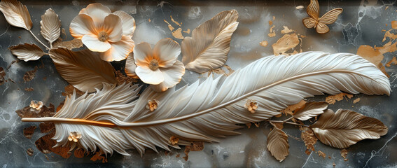 panel wall art, wall decoration, marble background with feather designs