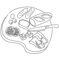 ワインに合う食べ物を盛り合わせたプレートの線画のベクターイラストレーション