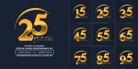 anniversary logotype set vector, golden color with swoosh for special day celebration