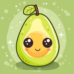 Fruit organism with a smile, plant leaf, on green background, happy avocado