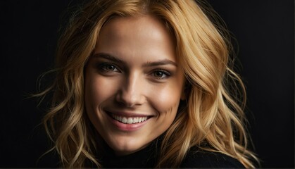 Fototapeta premium smiling gold haired model woman close up portrait on plain black background from Generative AI