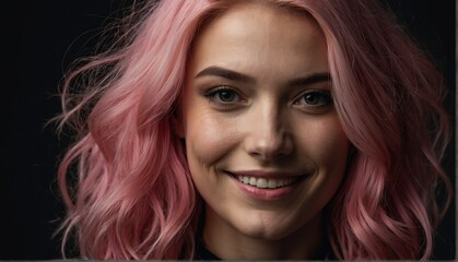 Naklejka premium smiling pink haired model woman close up portrait on plain black background from Generative AI