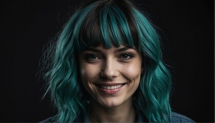 Fototapeta premium smiling teal haired model woman close up portrait on plain black background from Generative AI