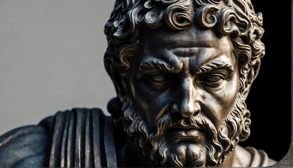Obraz premium apollo greek god statue close up portrait on plain black background from Generative AI