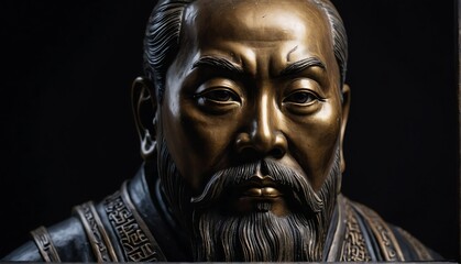 chinese scholar statue close up portrait on plain black background from Generative AI