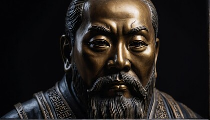 Obraz premium chinese scholar statue close up portrait on plain black background from Generative AI