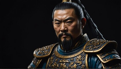 Obraz premium chinese warrior statue close up portrait on plain black background from Generative AI