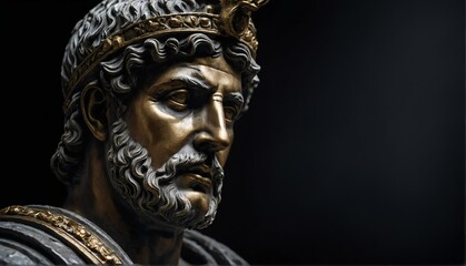 Obraz premium roman emperor statue close up portrait on plain black background from Generative AI