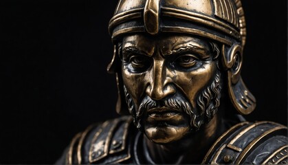 roman warrior statue close up portrait on plain black background from Generative AI