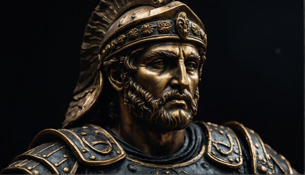 roman warrior statue close up portrait on plain black background from Generative AI