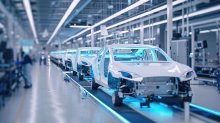 Obraz premium An electric vehicle battery unit in a modern industrial factory. EV trends. Production factory.