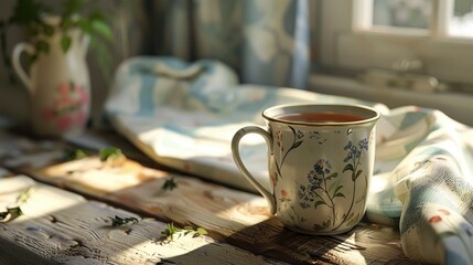 An Enamel Mug Of Herbal Tea, Fresh And Soothing, Promoting Well-Being And Calm, High Quality